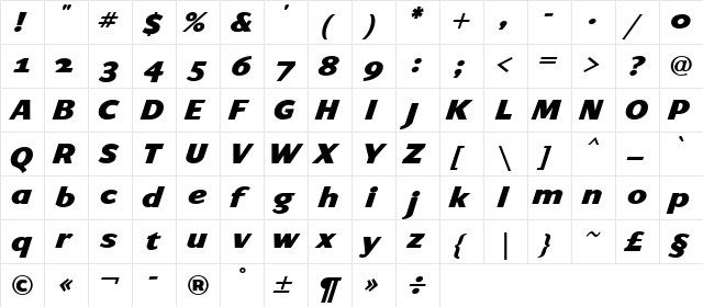 ArtemiusSans SN Black TT Regular Italic  glyph index