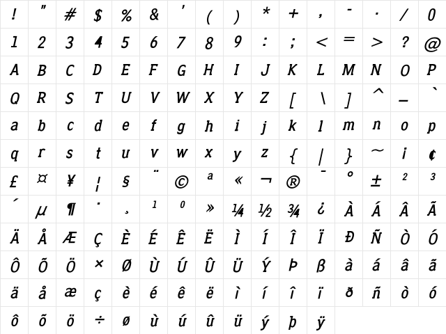 Clique SerifBoldOblique  glyph index
