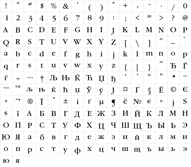 GaramondBookC Regular  glyph index
