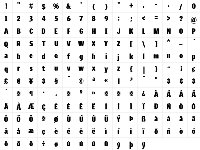 GriffithGothic Cond Ultra Regular  glyph index