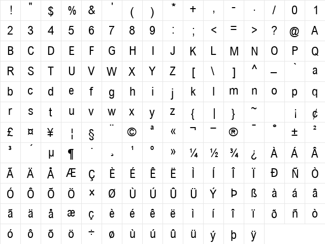 Arial MT Condensed Normal  glyph index