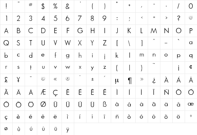 SansThomasDB Normal  glyph index
