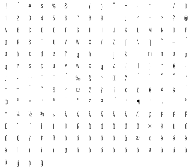 ChaletComprime-MilanEighty Regular  glyph index