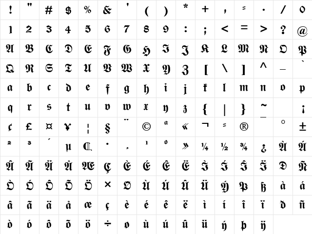 Wittenberger Fraktur MT Bd Regular  glyph index