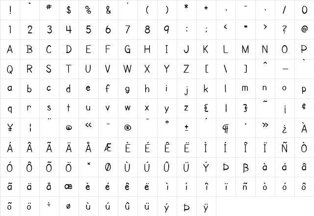 SF Cartoonist Hand Regular  glyph index