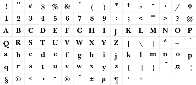 NewBaskervilleC Bold  glyph index