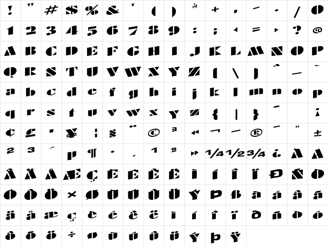 CrowsFeetLight94 Regular  glyph index