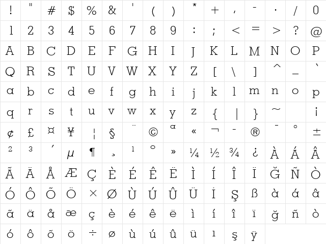 Louisville BT Light  glyph index