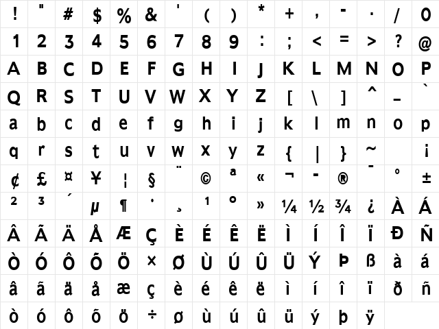 Adams-Condensed Bold  glyph index