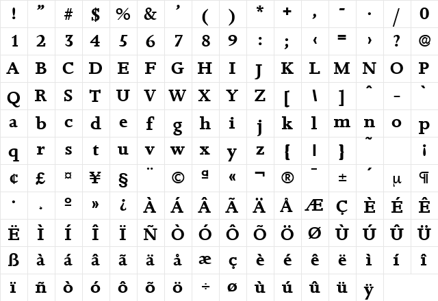 Jessica-Serial Bold  glyph index