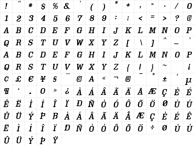 Cam LightOblique  glyph index