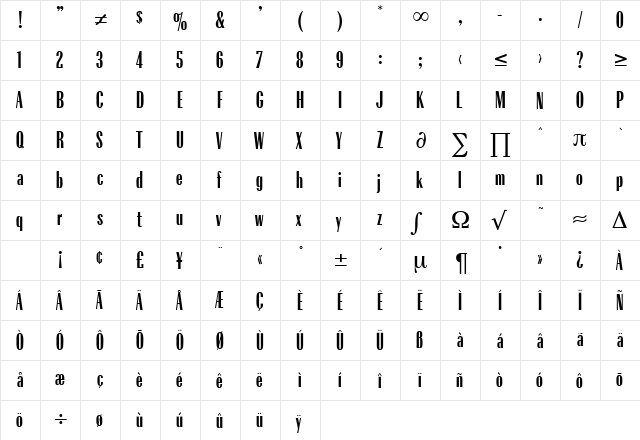Radius Regular  glyph index