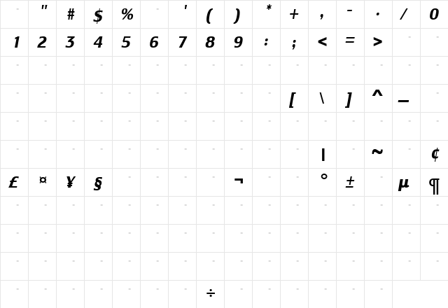LesmoreBoldCondensedItalicTab Roman  glyph index