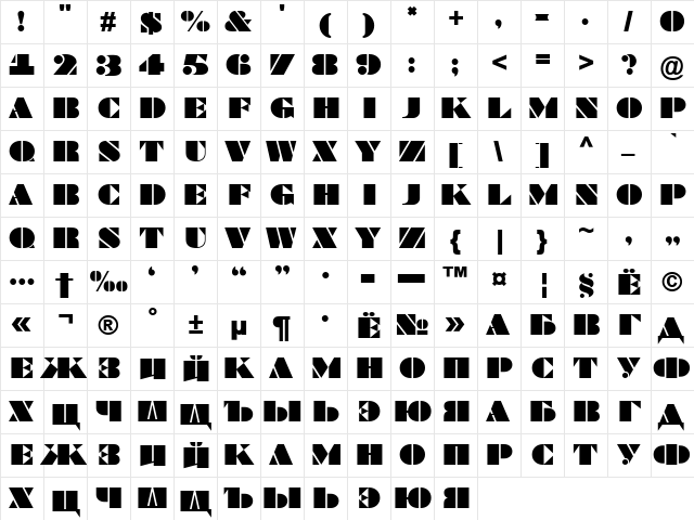 a_BraggaTitul Regular  glyph index