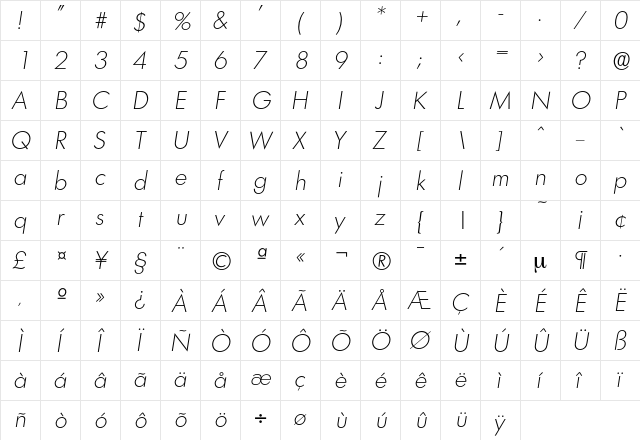 Limerick-XlightIta Regular  glyph index