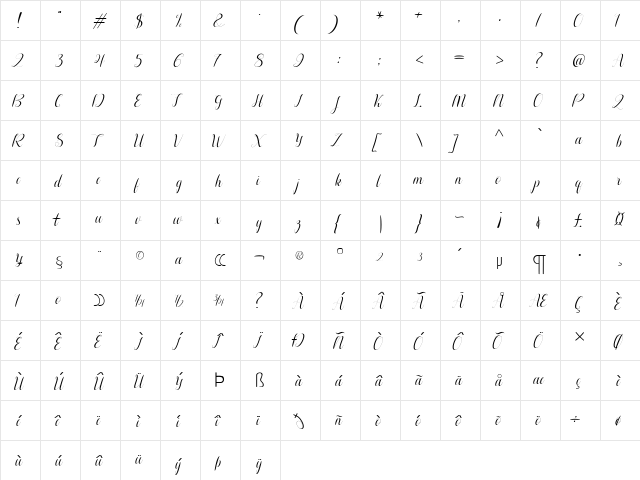 Aurelia Regular  glyph index