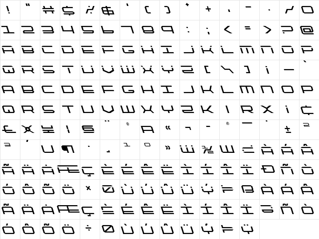 QuickTech Leftalic Italic  glyph index