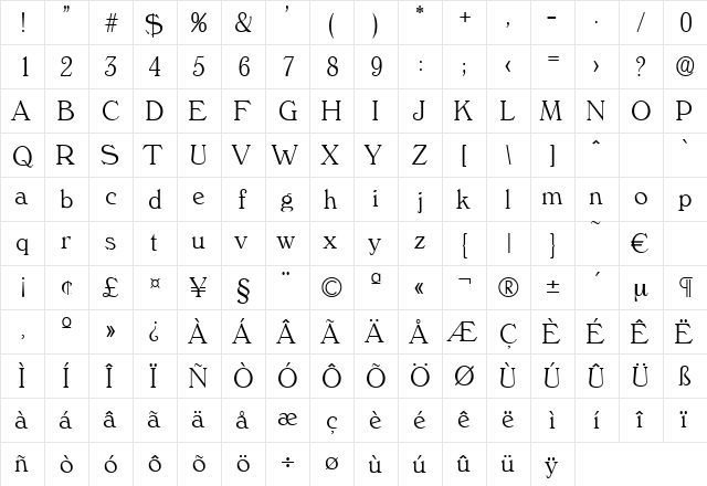 Verona-Xlight Regular  glyph index
