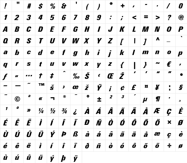 LTUnivers 921 CondXBlackIt  glyph index