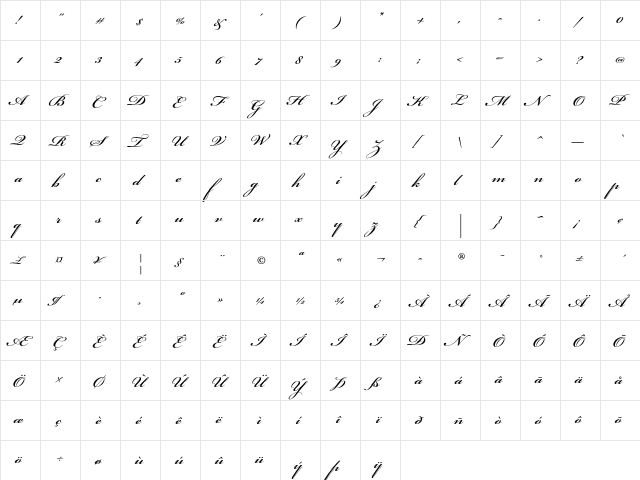Bickham Script Std Semibold  glyph index