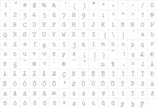 Intimo Regular  glyph index