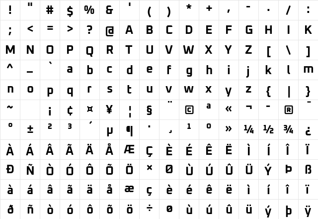 Oxanium Bold  glyph index