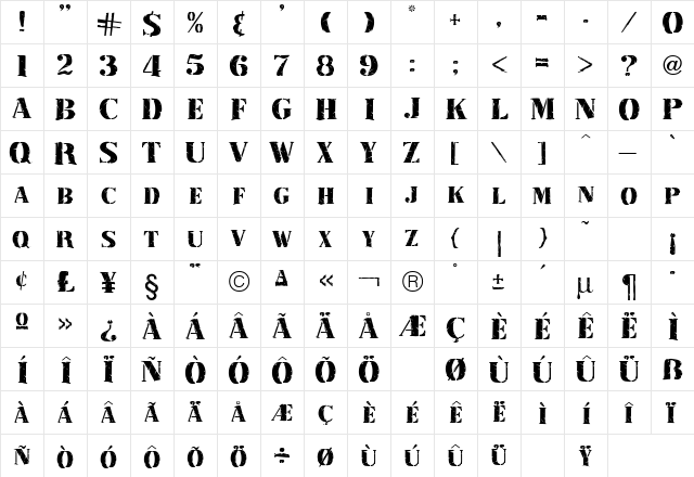 Stamp Regular  glyph index