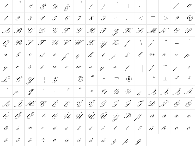Kuenstler Script LT Medium  glyph index