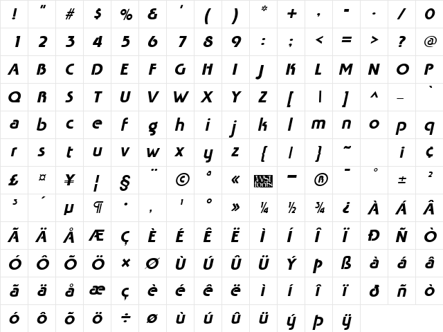 Tabatha Italic  glyph index