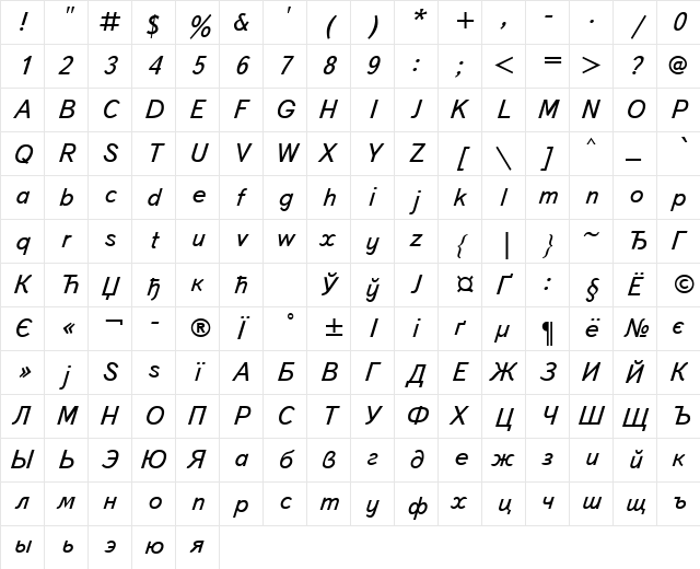 TextBookCTT Italic  glyph index