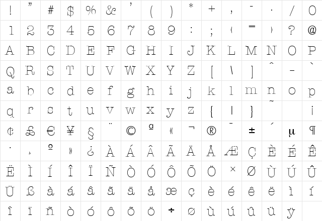 TypewriterSerial-Xlight Regular  glyph index