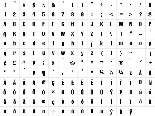 Helvetica Compressed  glyph index