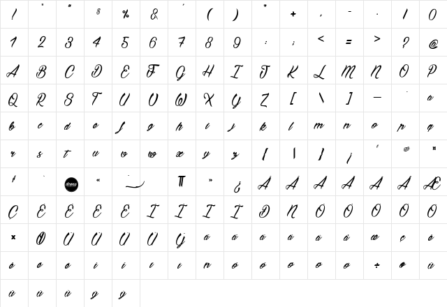 Bostella Regular  glyph index