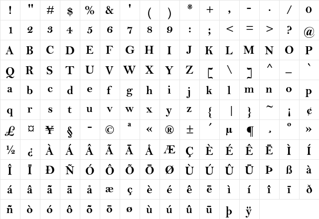 MBell-Bold Maori Regular  glyph index