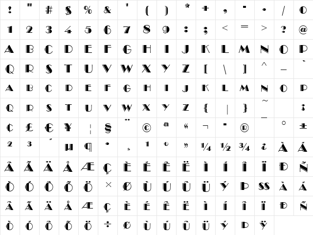 Broadway-Engraved-Caps Regular  glyph index
