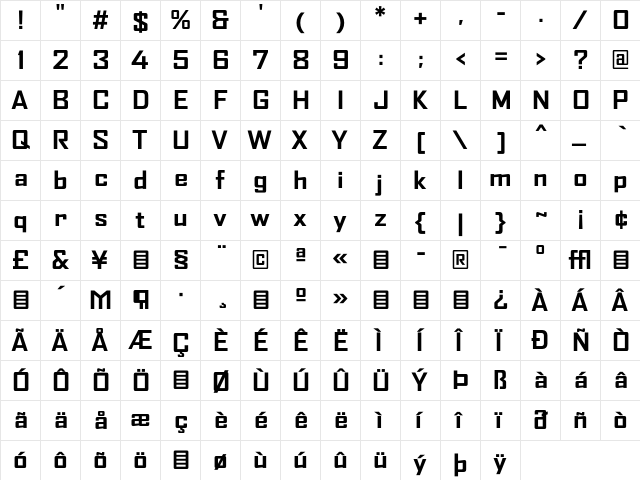 AgencyFBWide Bold  glyph index