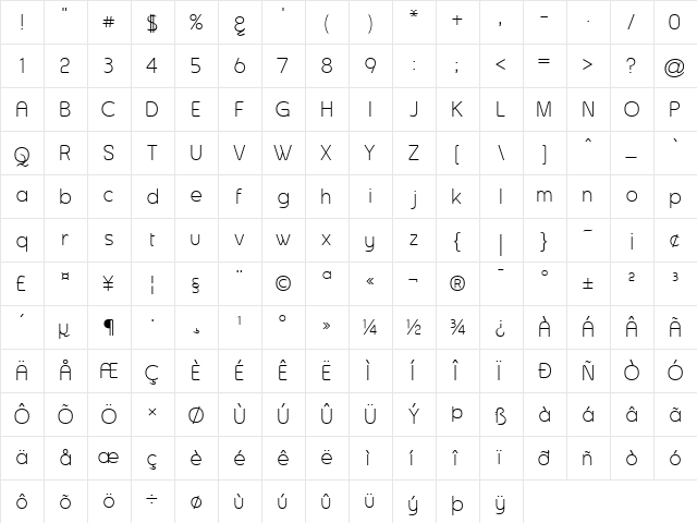 Asenine Regular  glyph index