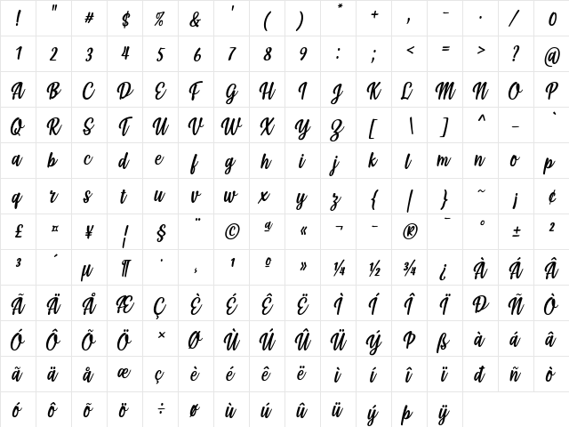Styla Italic  glyph index