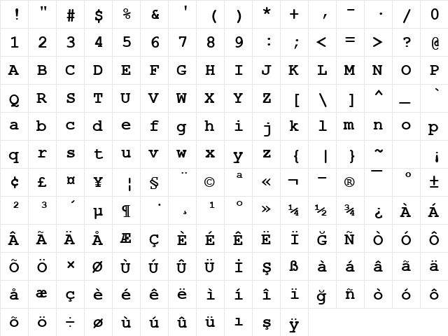 Courier New Digiscream Bold  glyph index