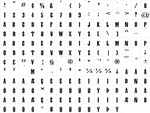 Ironwork Extended Normal  glyph index