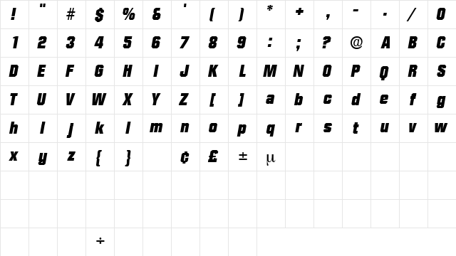 ConexDisplaySSK Italic  glyph index