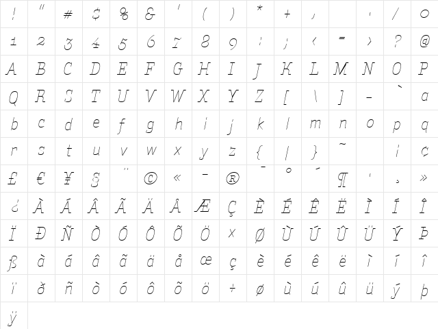 AmintaLightItalic Regular  glyph index