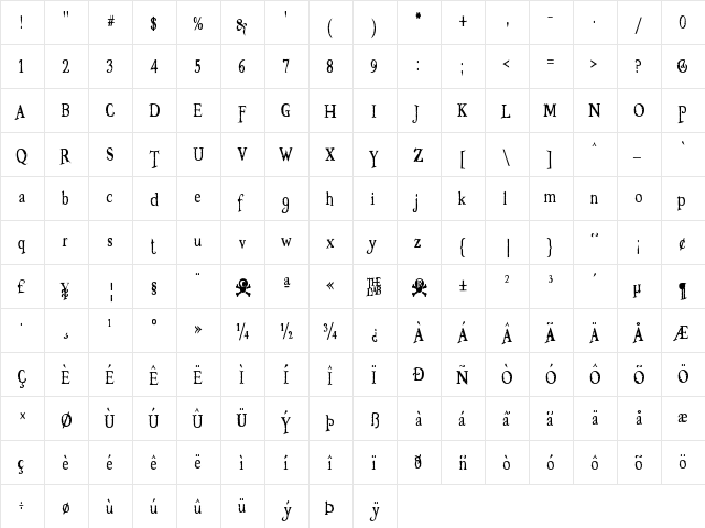Booter - Zero Zero Regular  glyph index