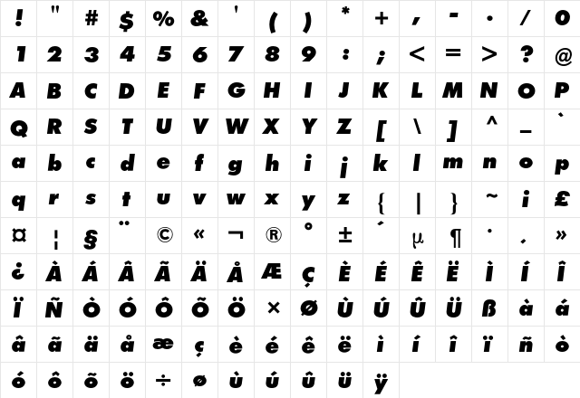 Futura BQ Regular  glyph index