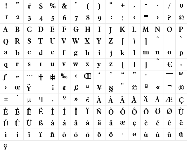 Francisco-DemiBold Regular  glyph index
