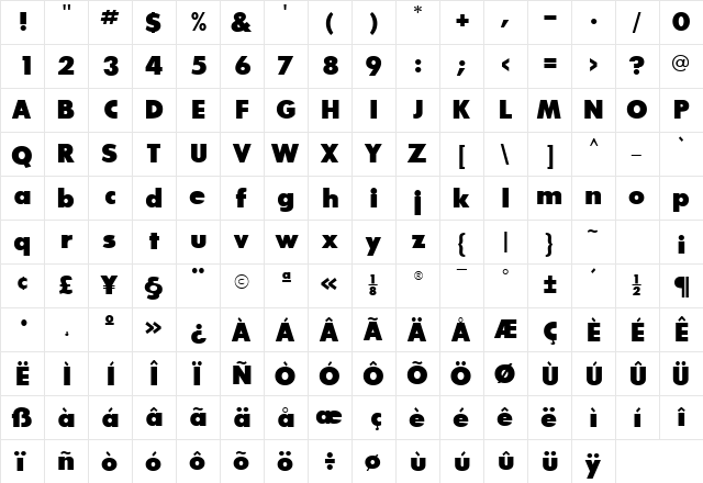 BouganBlackSSK Bold  glyph index