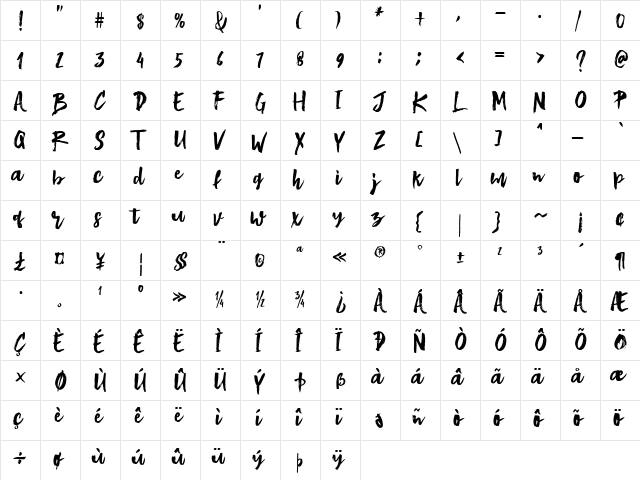 Bluesky Regular  glyph index