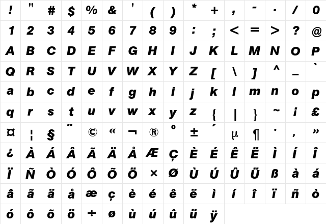 AG Buch BQ Regular  glyph index