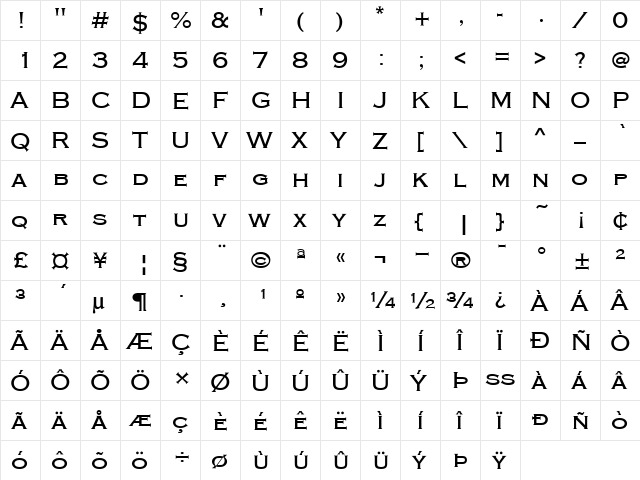 Copperplate T Regular  glyph index