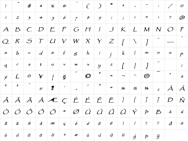 Chalk-Extended Bold Italic  glyph index